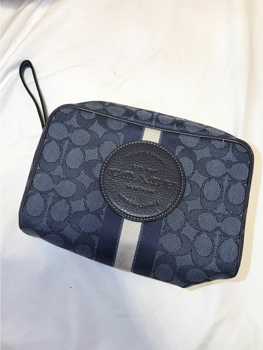 Coach Navy Signature Toiletry Pouch with Center Stripe